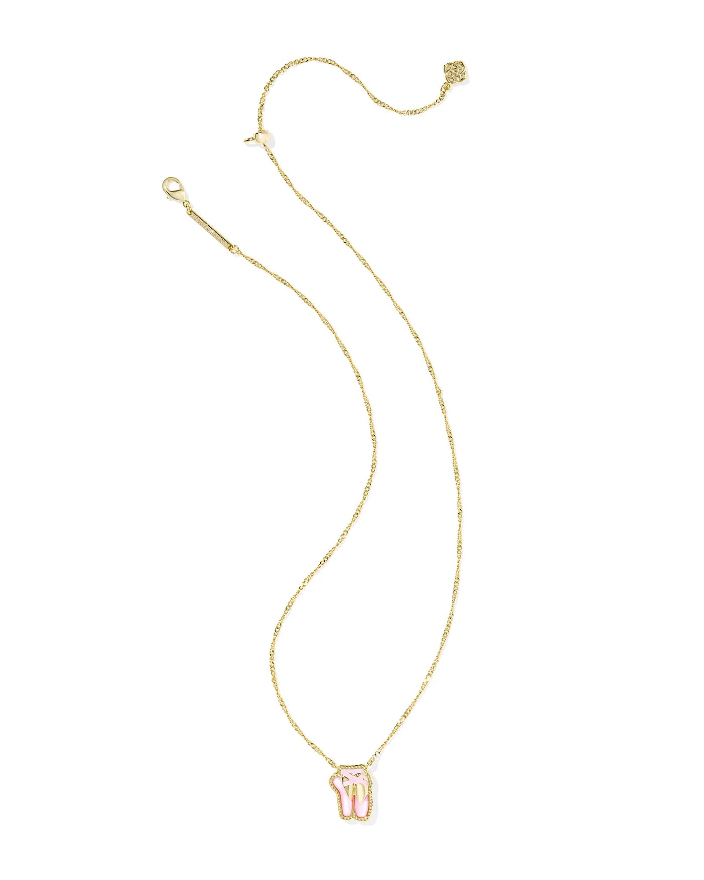 Gold necklace with pink ballet slipper pendant on a white background, full view.