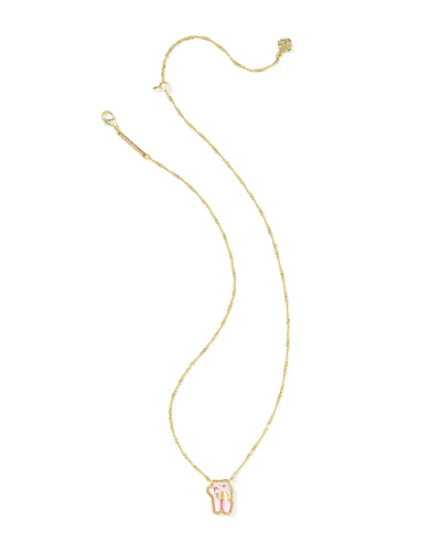 Gold necklace with pink ballet slipper pendant on a white background, full view.