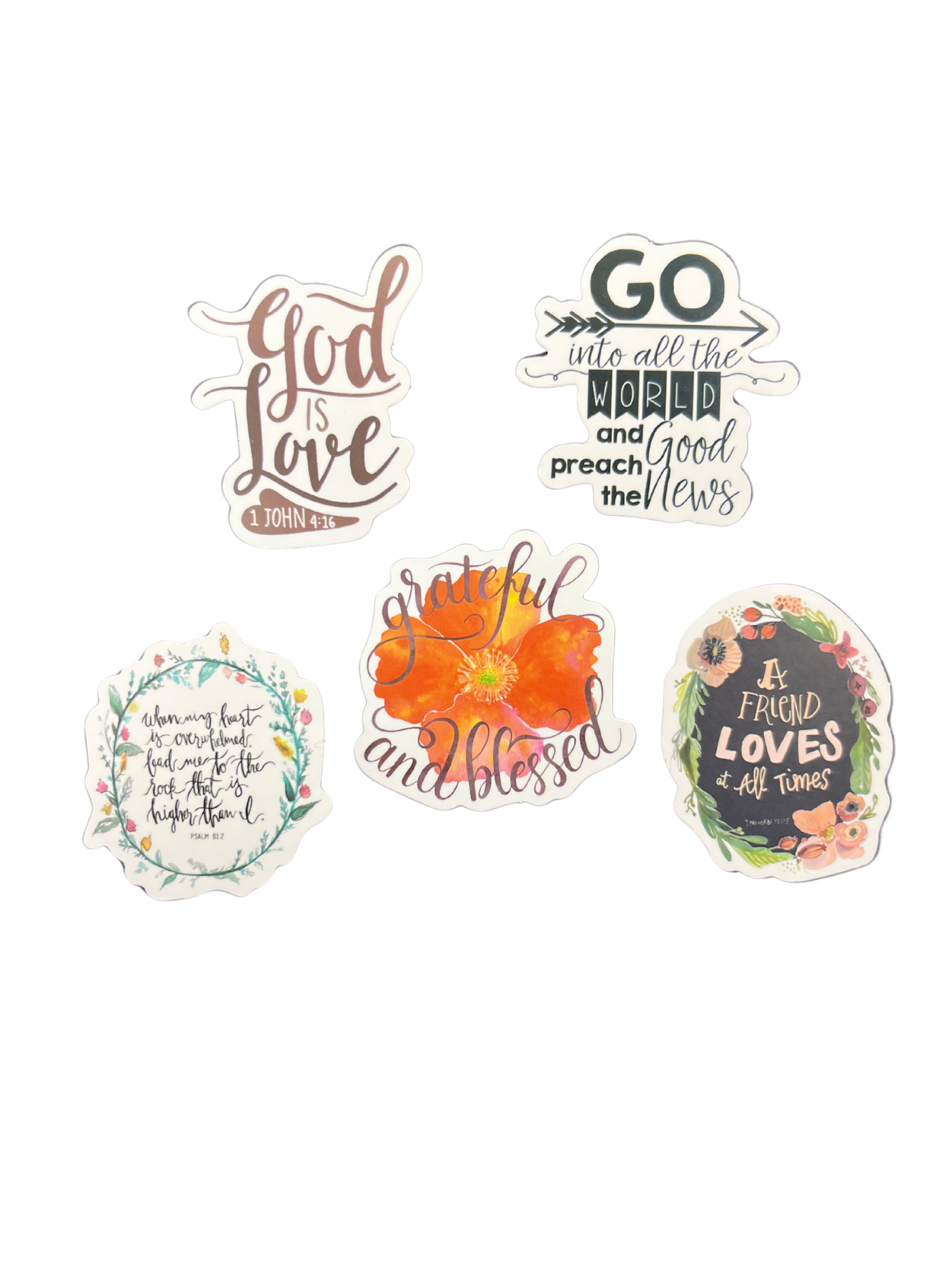 Set of 5 Christian stickers in navy/orange on white background.