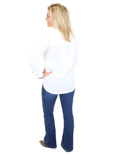 Woman wearing a white blouse and blue jeans on a white background, back.