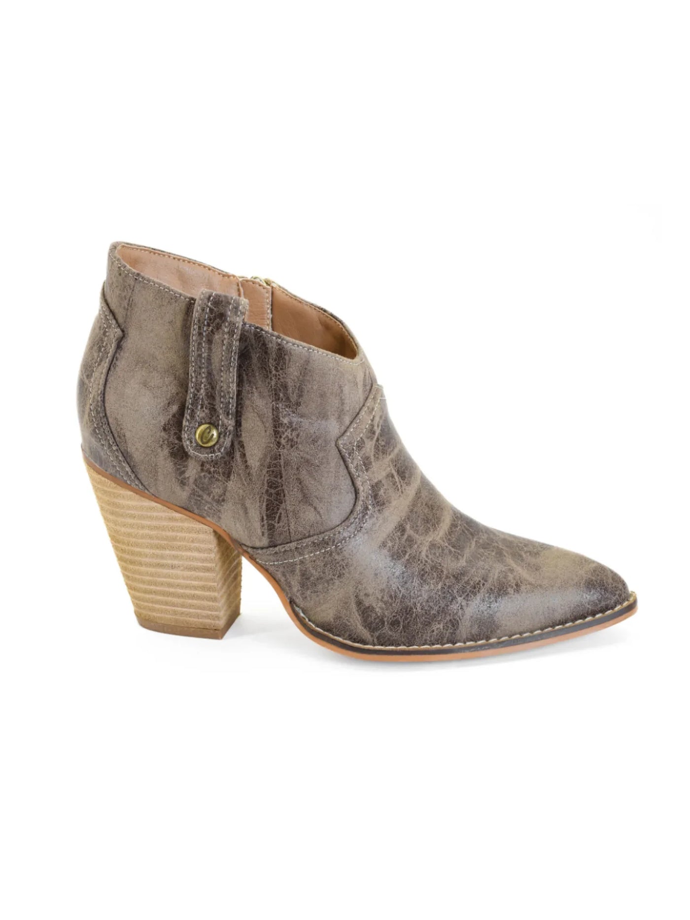 Taupe ankle western boot with a block heel on a white background.