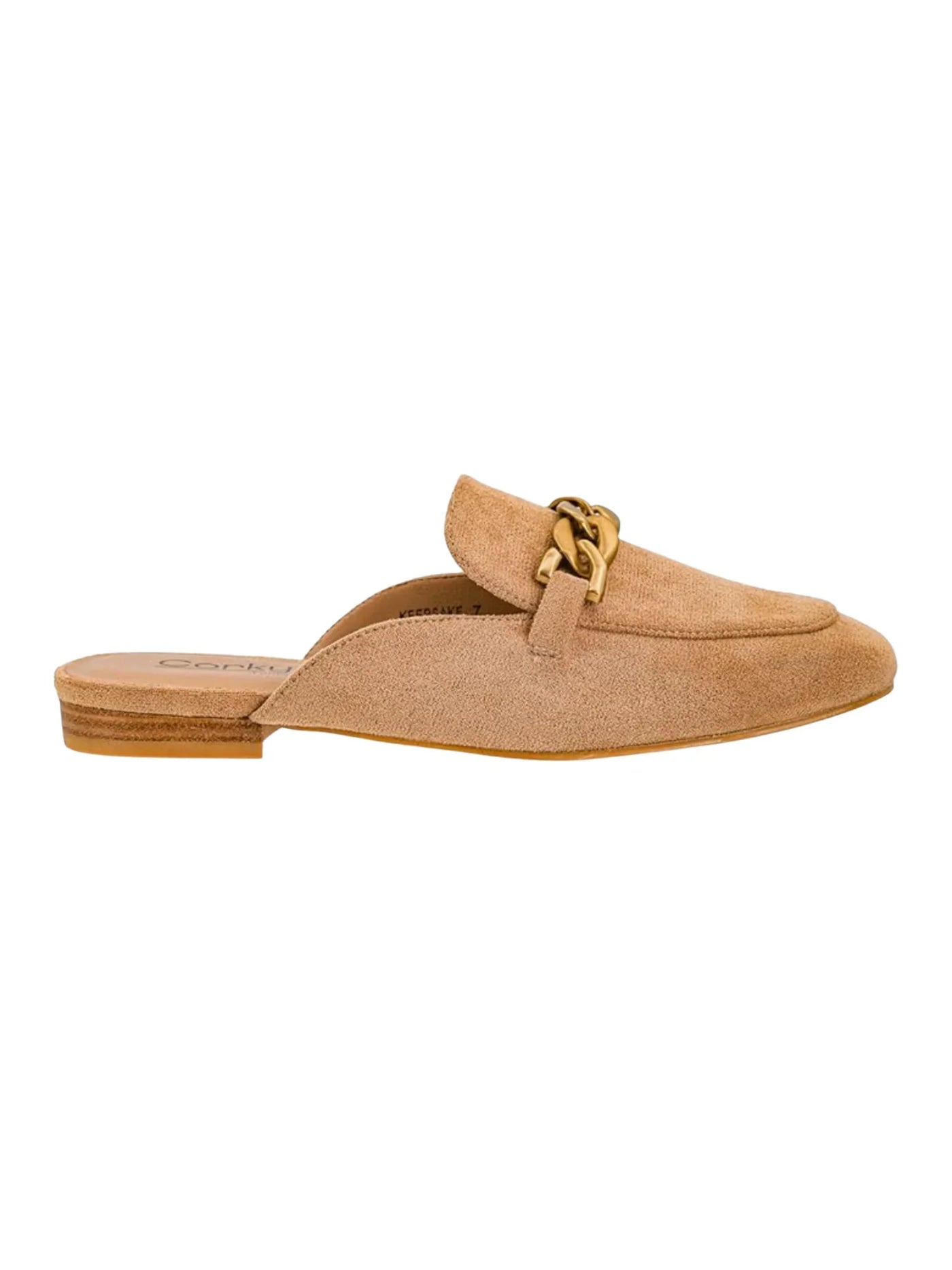 Tan suede slip-on shoe with gold chain detail on a white background, side.