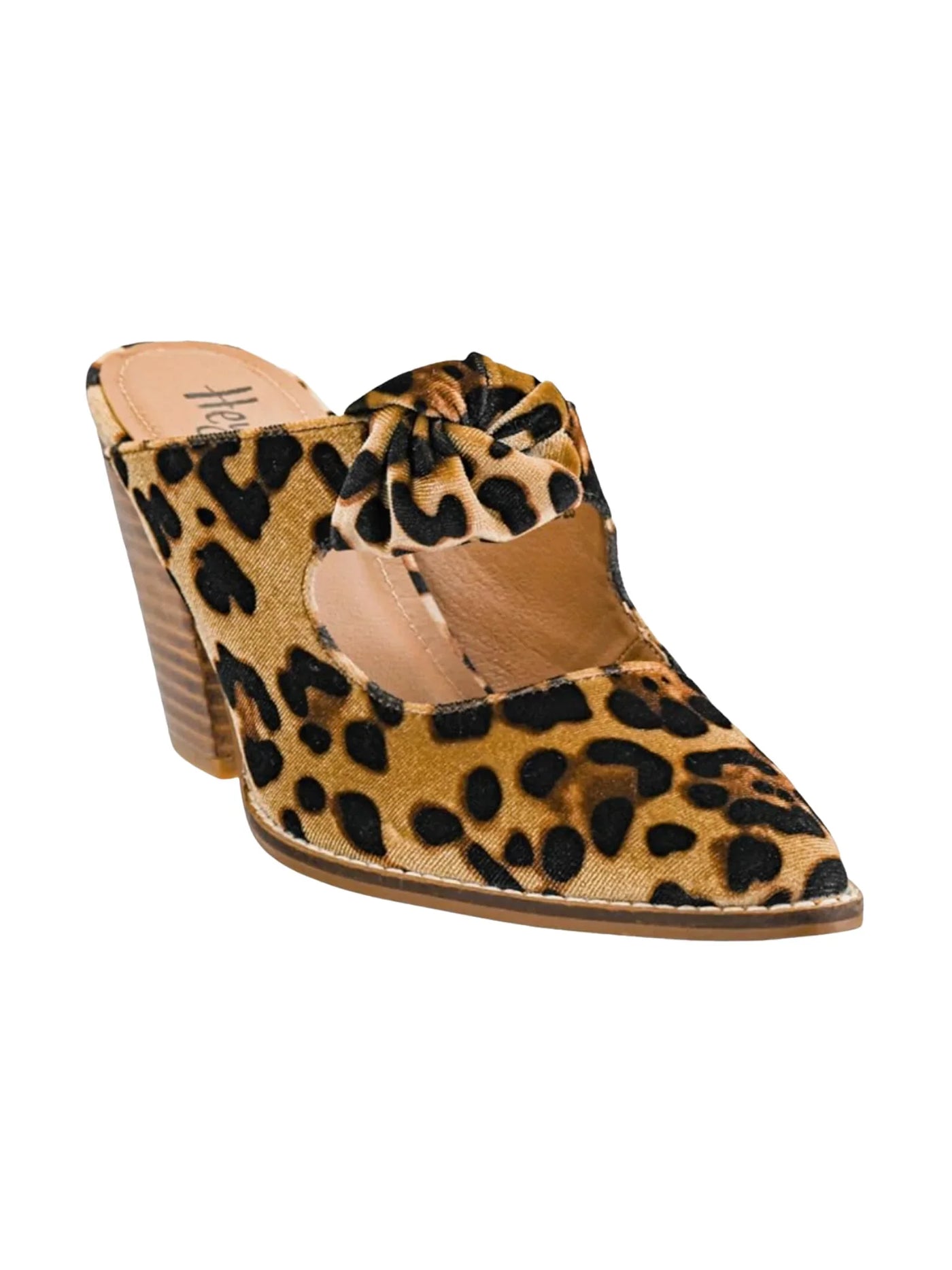 Leopard print heeled mule with knot on a white background, front.
