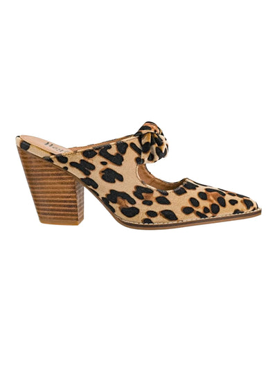 Leopard print heeled mule with knot on a white background, side.
