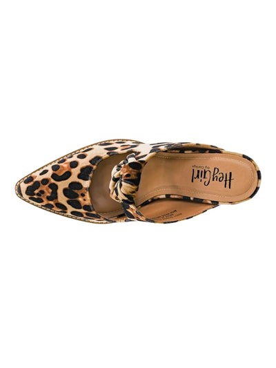 Leopard print heeled mule with knot on a white background, top.