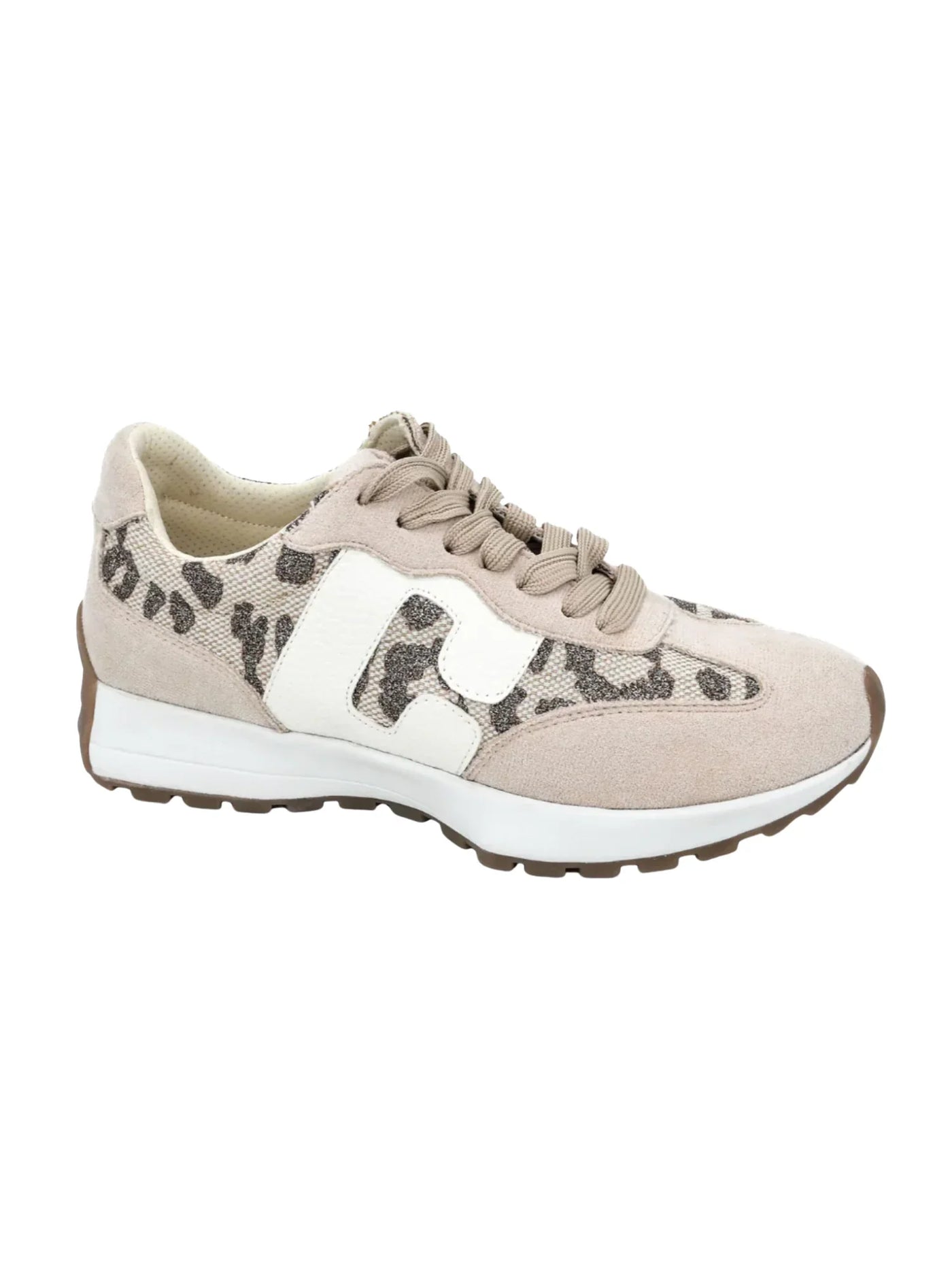 Beige sneaker with leopard print details on a white background.