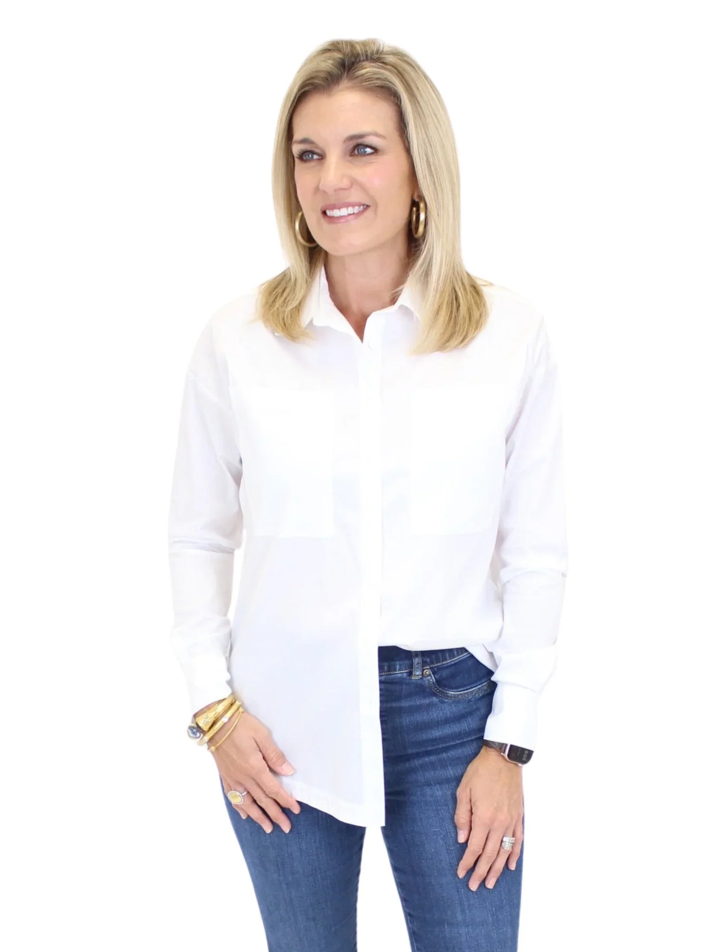 Charlie B White Collared shirt front view with a half tuck.