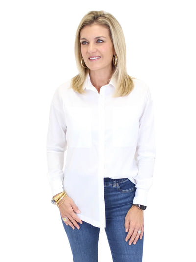 Charlie B White Collared shirt front view with a half tuck.