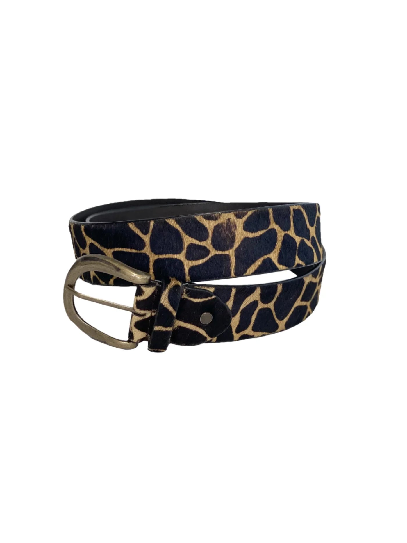 Belt with giraffe print and gold buckle on a white background.