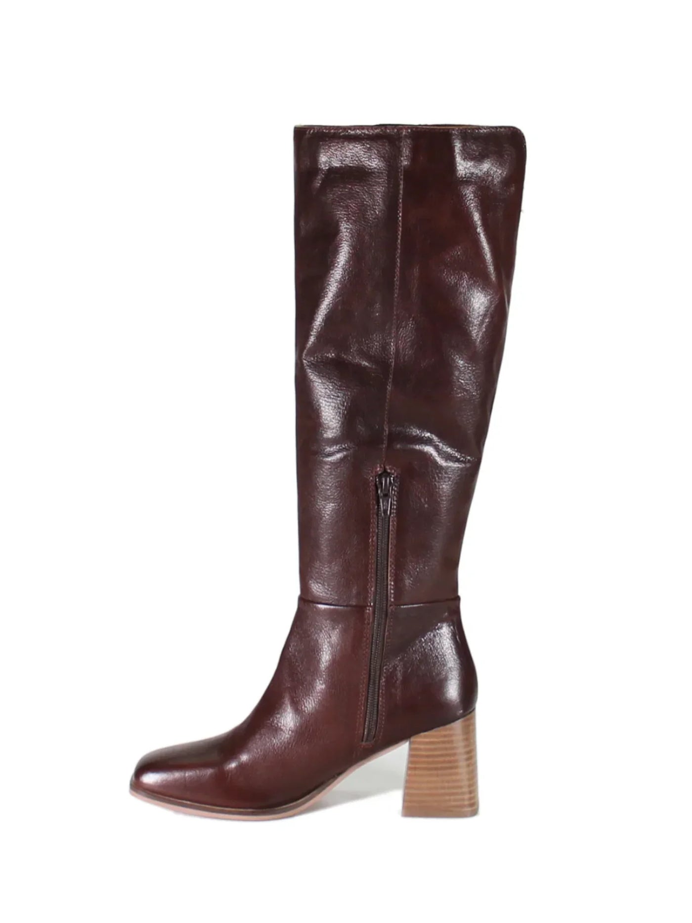 Brown leather knee high boot with block heel on white background, side view.