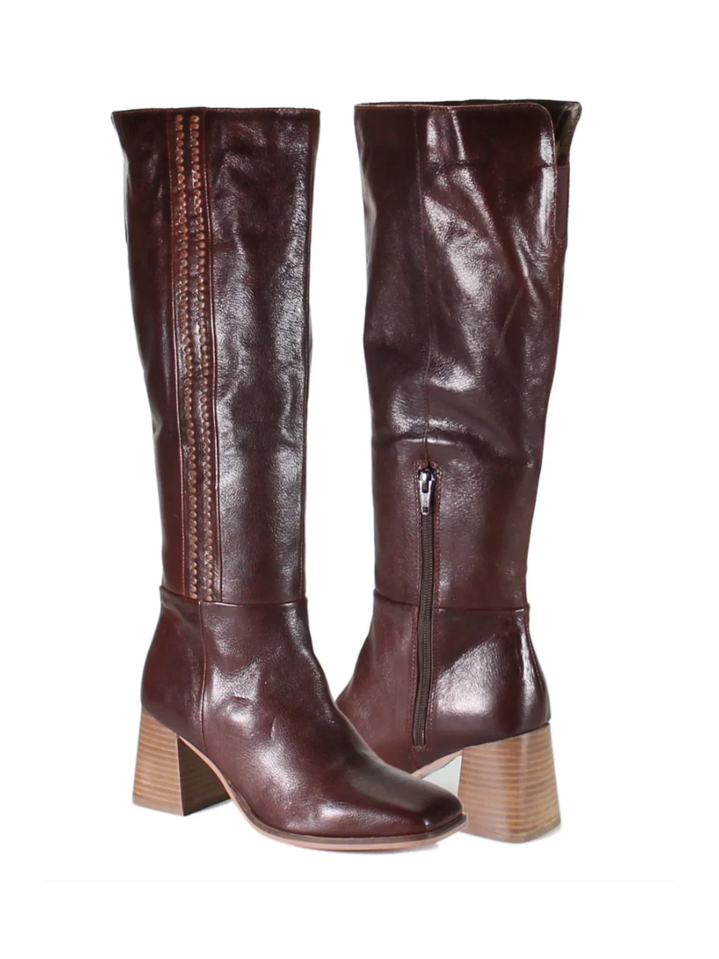 Pair of brown knee-high boots on a white background.