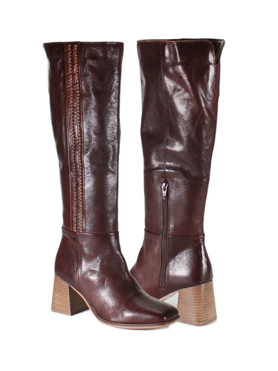 Pair of brown knee-high boots on a white background.