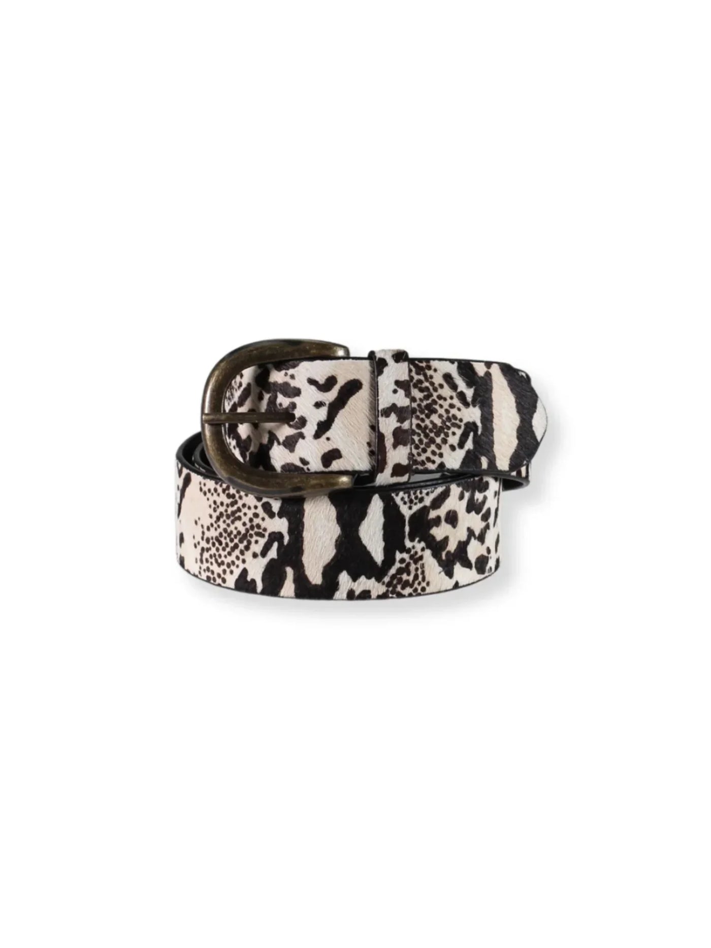 Patterned belt with a brown buckle on a white background.