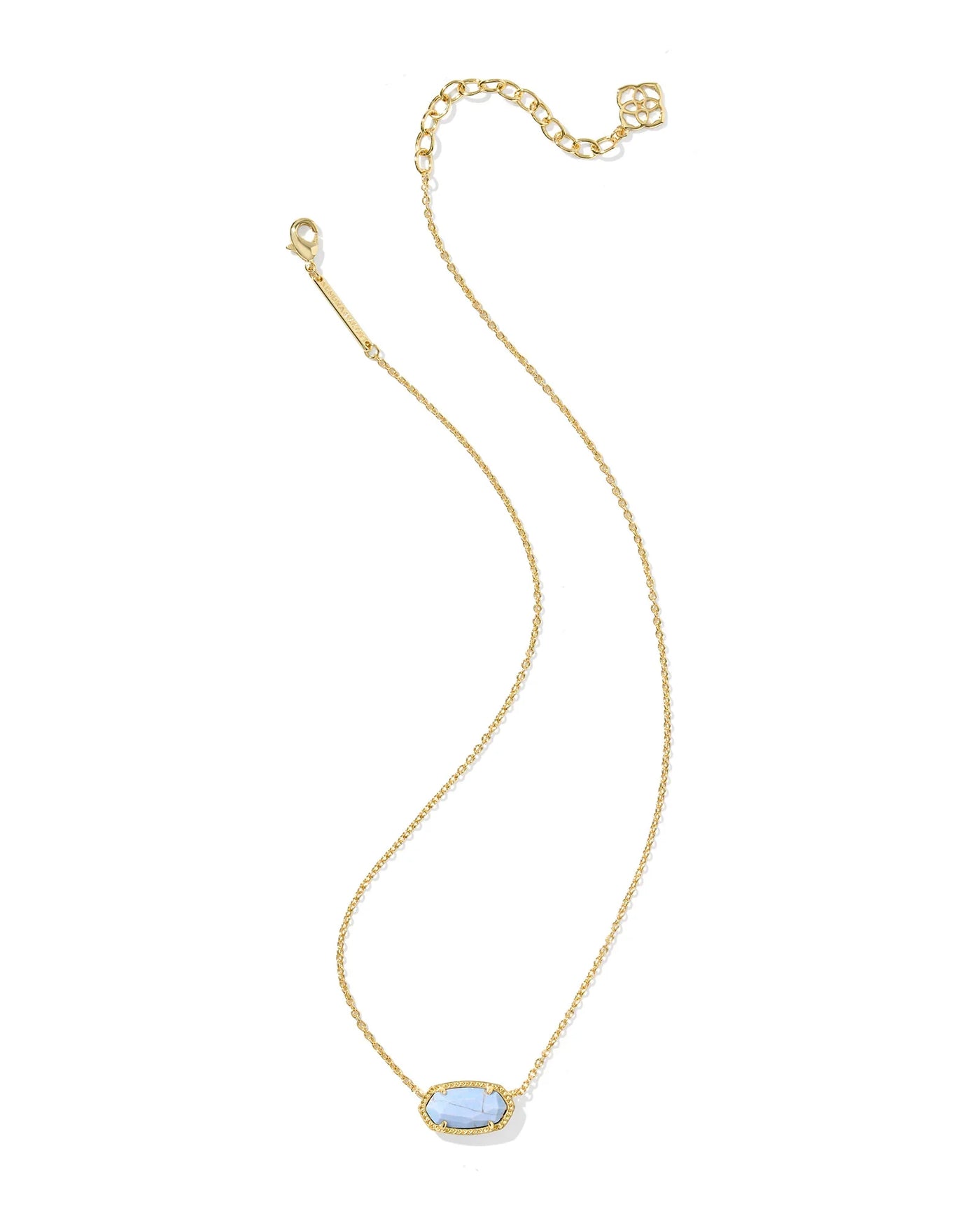 Gold necklace with a blue pendant on a white background