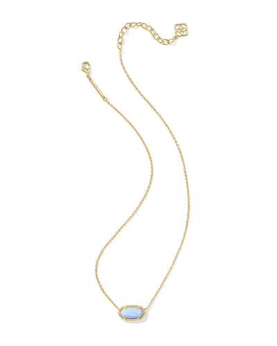 Gold necklace with a blue pendant on a white background
