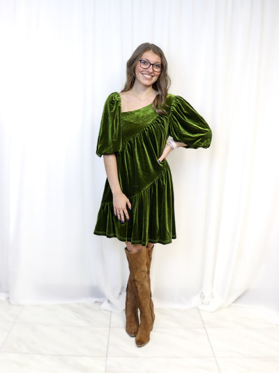 Shirred Velvet Dress - Green