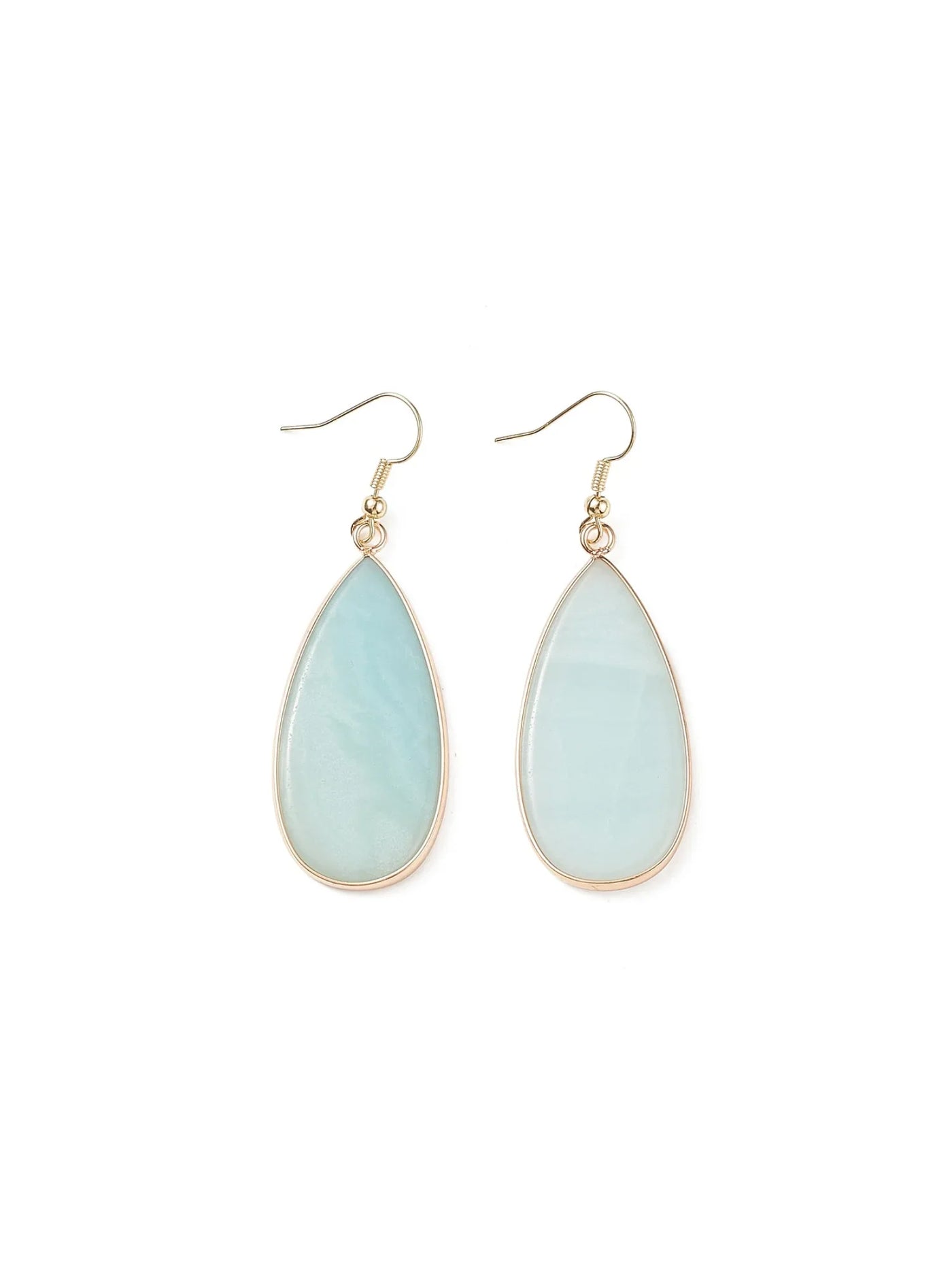 Teardrop-shaped earrings with light blue stones on a white background.