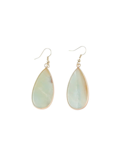 Gold teardrop-shaped earrings with amazonite stones on a white background.