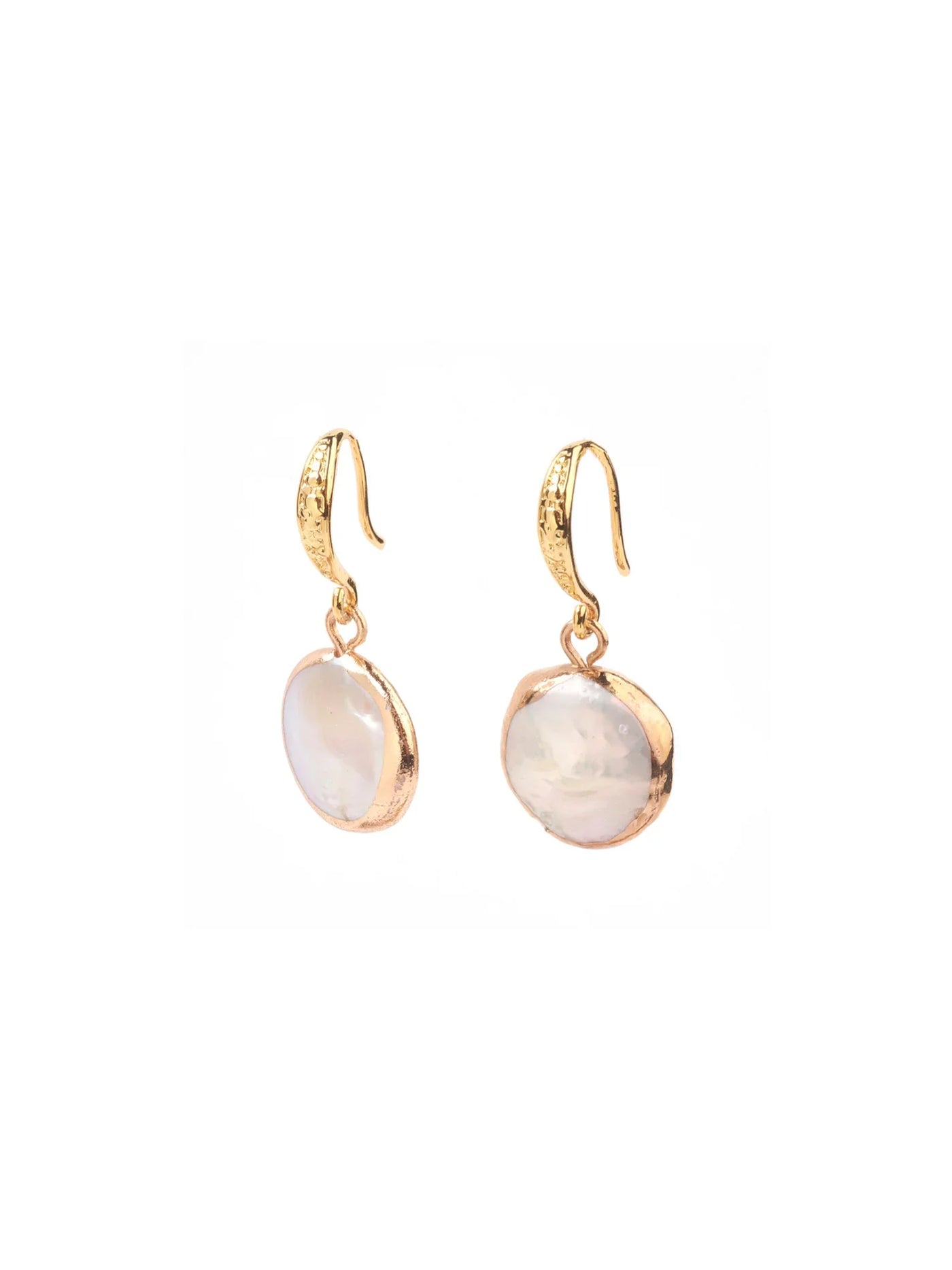 Gold earrings with keshi pearl dangles on a white background.