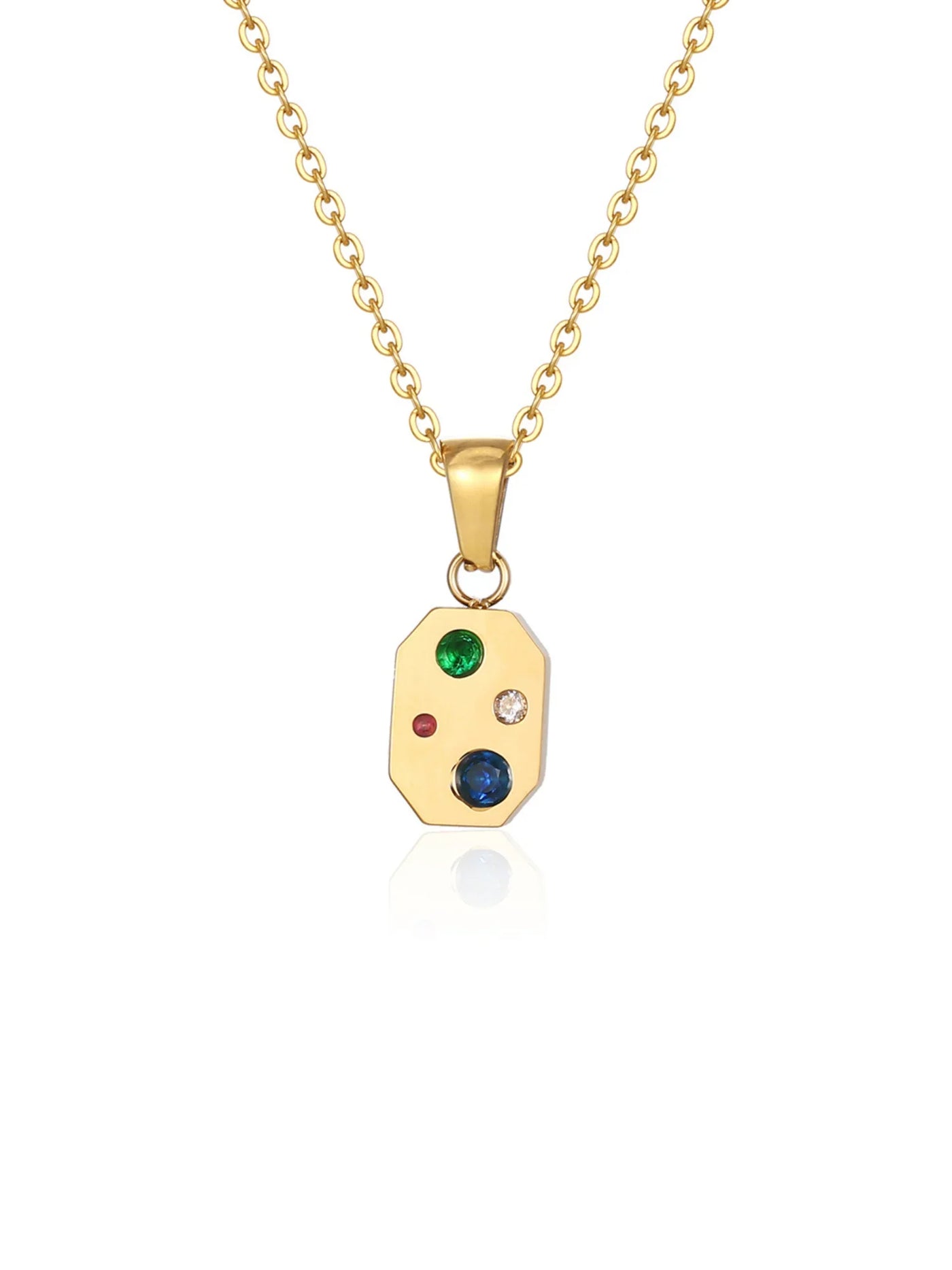 Dainty gold necklace with colorful gemstone embellished pendant.