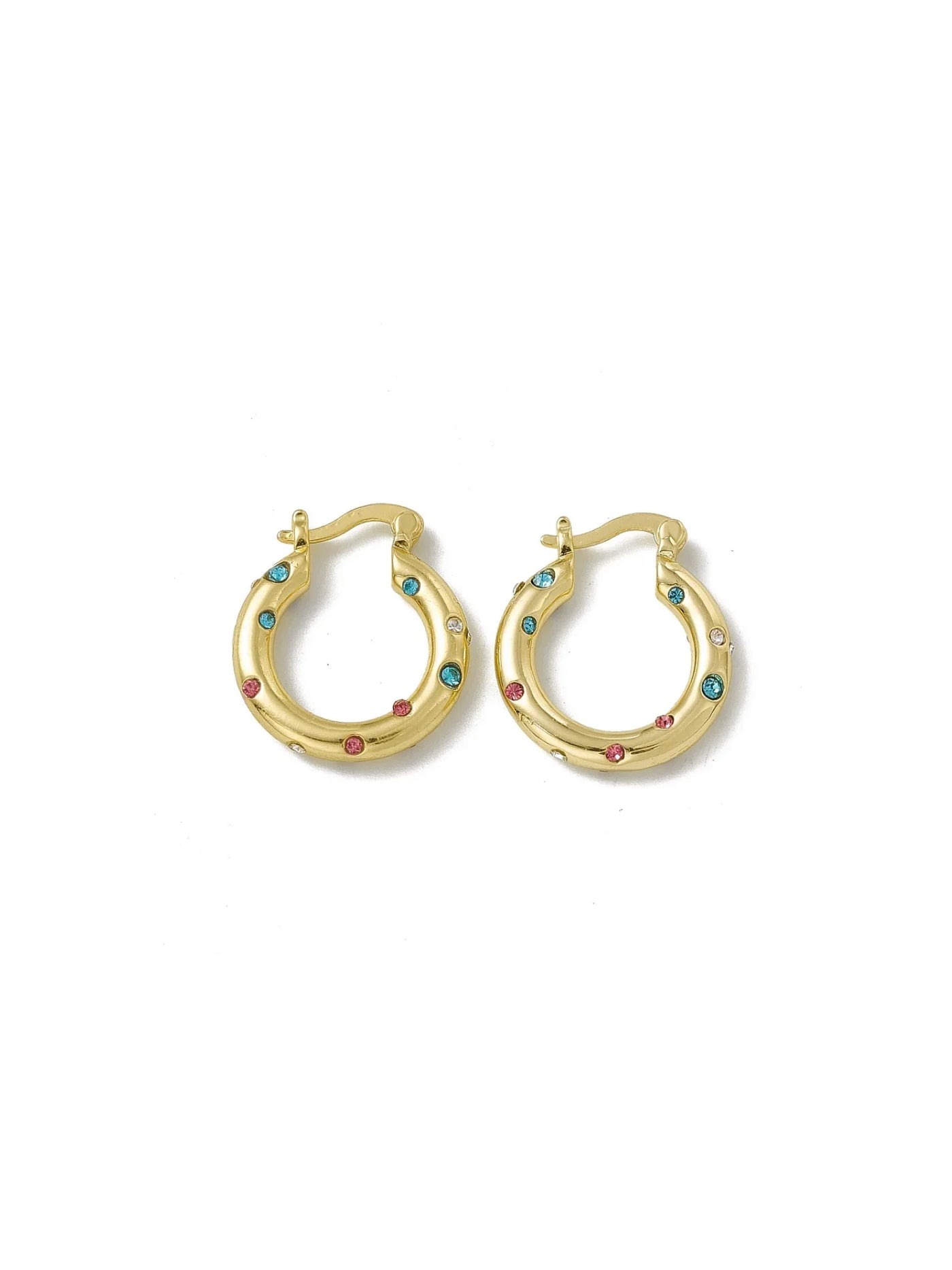 Small gold hoops embellished with colorful stones on white background.