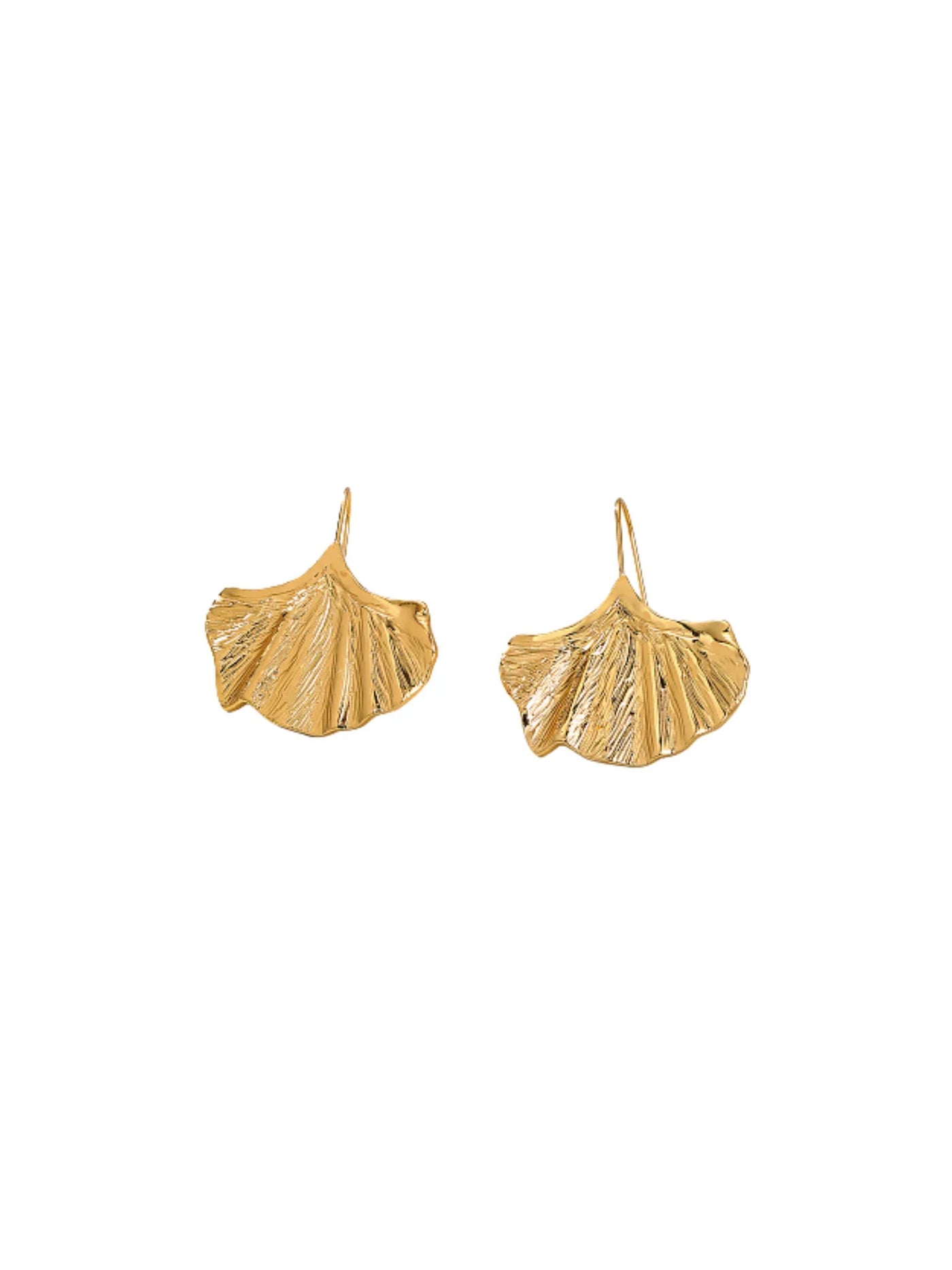 Gold leaf-shaped earrings on a white background.