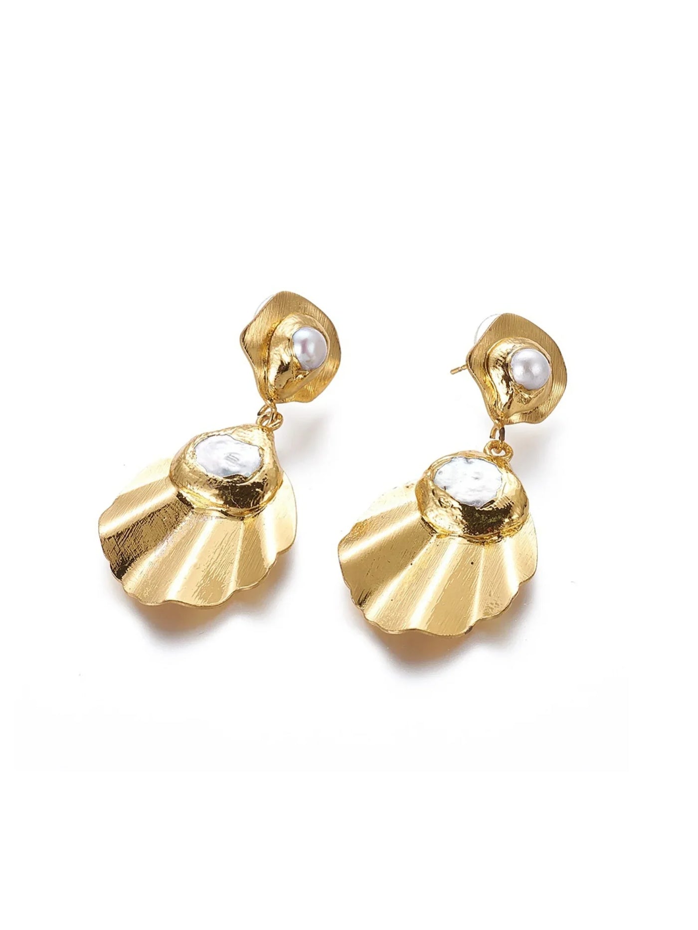 Gold earrings with mother of pearl inlay on a white background.