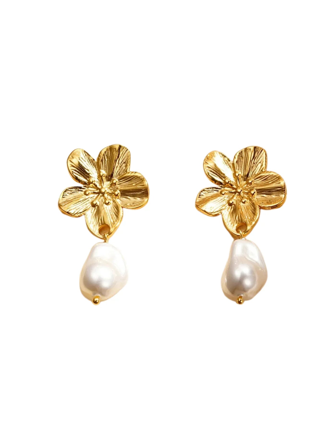 Gold flower-shaped earrings with pearl drops on a white background.