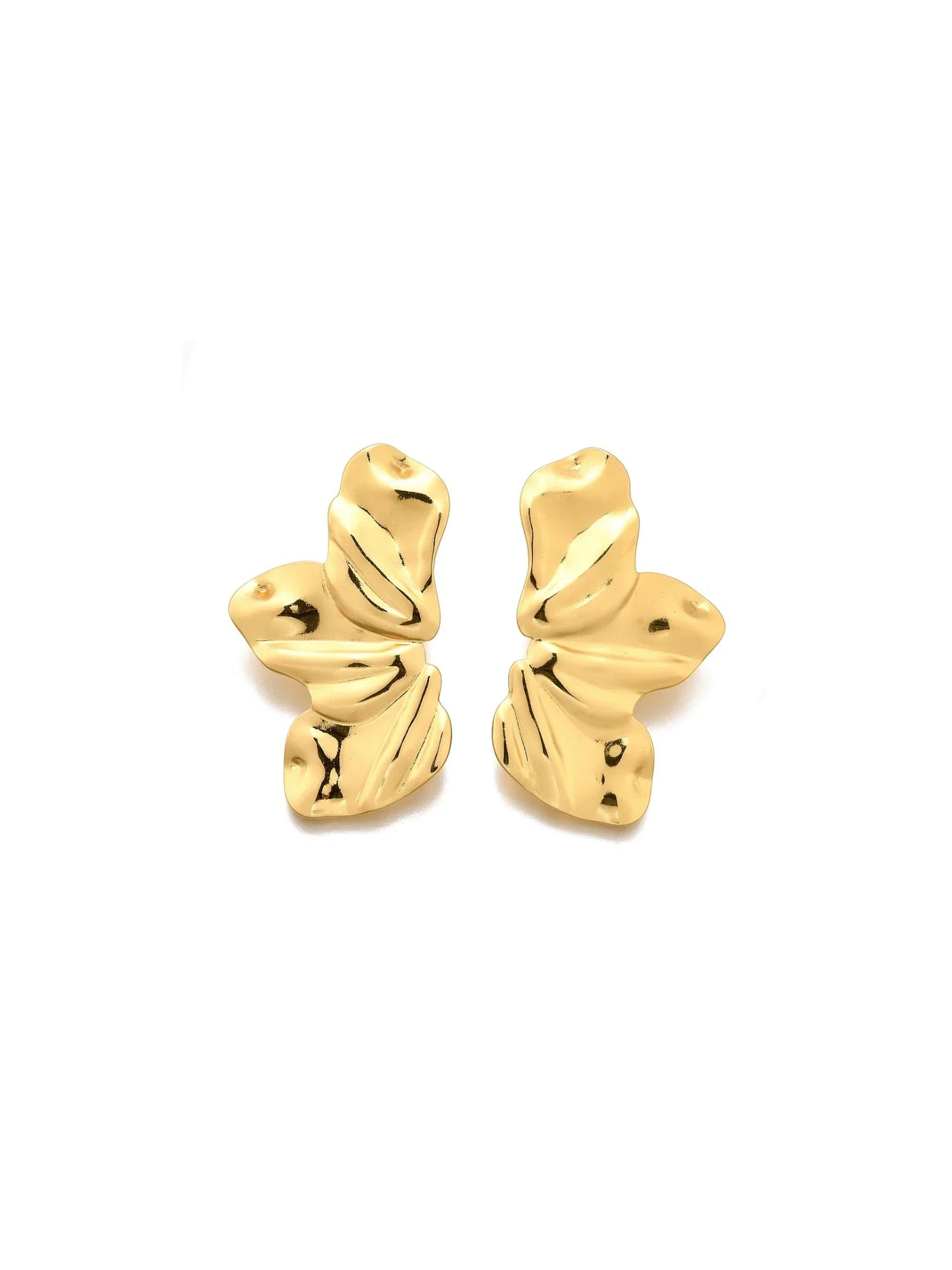 Gold half flower-shaped earrings on a white background.