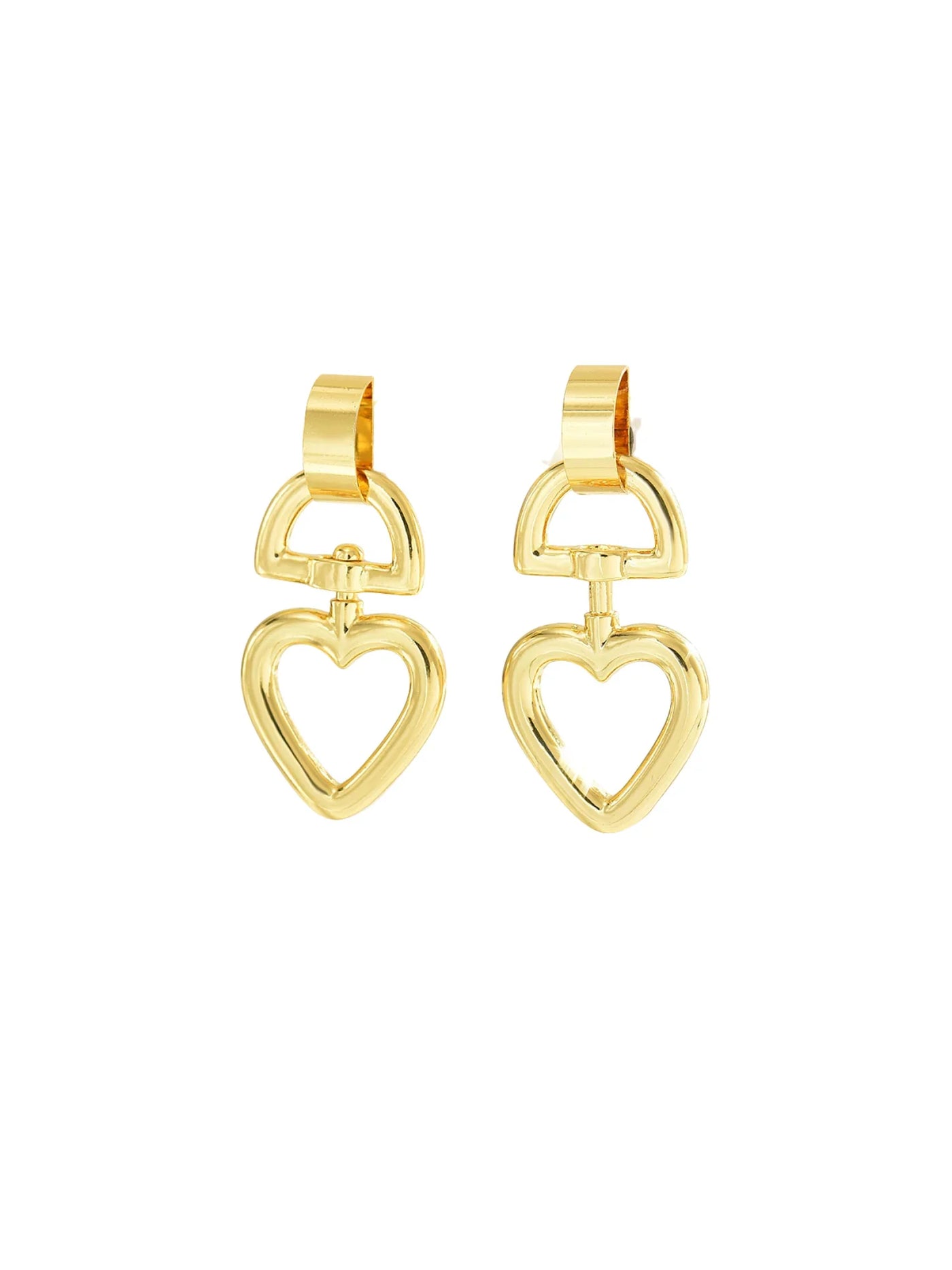 Gold heart-shaped earrings on a white background.