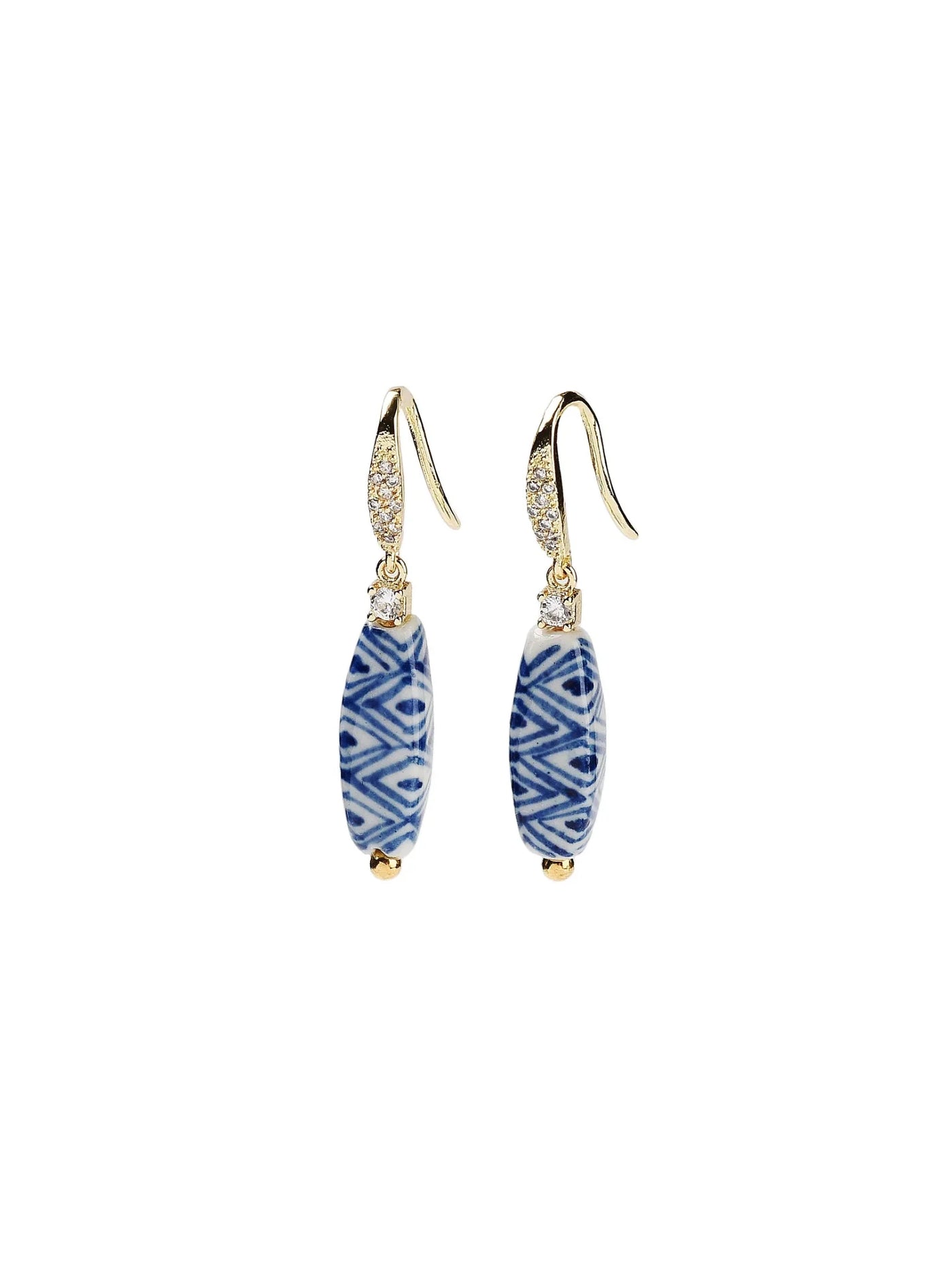 Pair of earrings with blue patterned beads and gold accents on a white background.