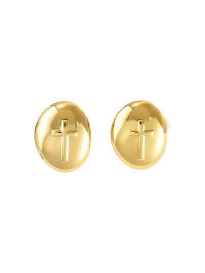 Pair of gold oval earrings with cross designs on a white background.