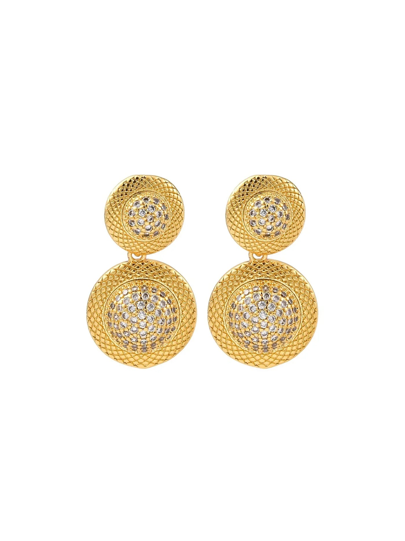 Gold two-tier pave earrings on a white background.