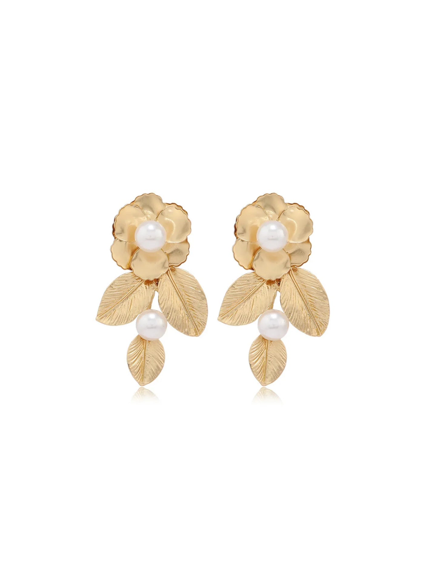 Gold floral earrings with pearl centers on a white background.