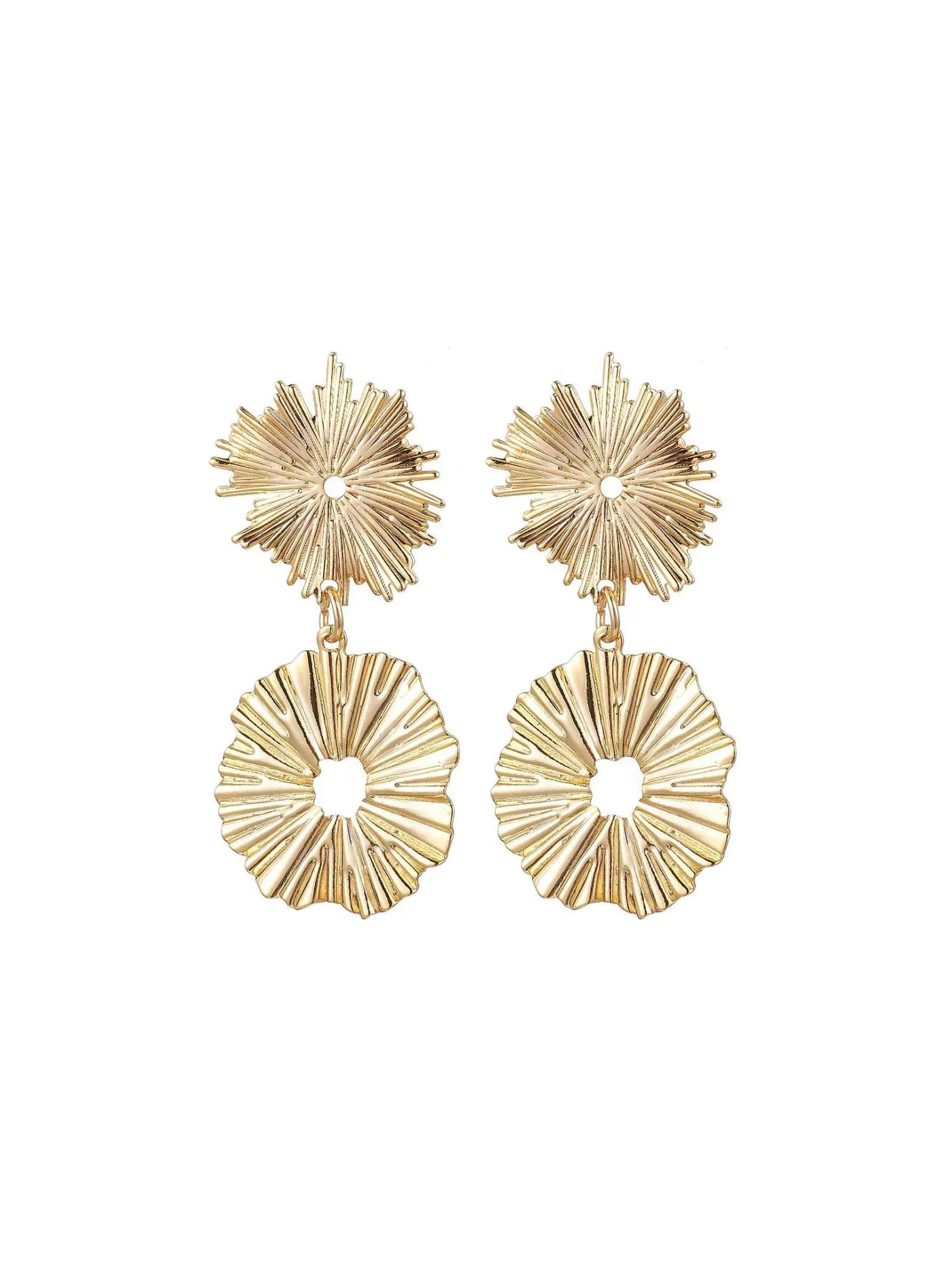 Pair of gold burst earrings on a white background.