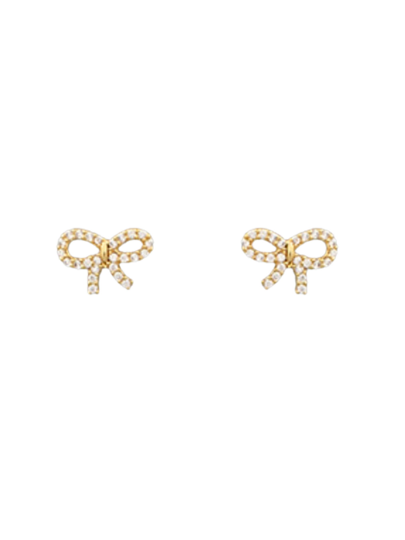 Crystal Bow Earrings in gold on white background.
