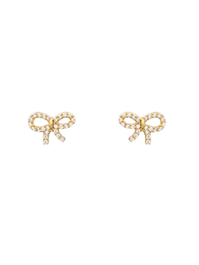 Crystal Bow Earrings in gold on white background.