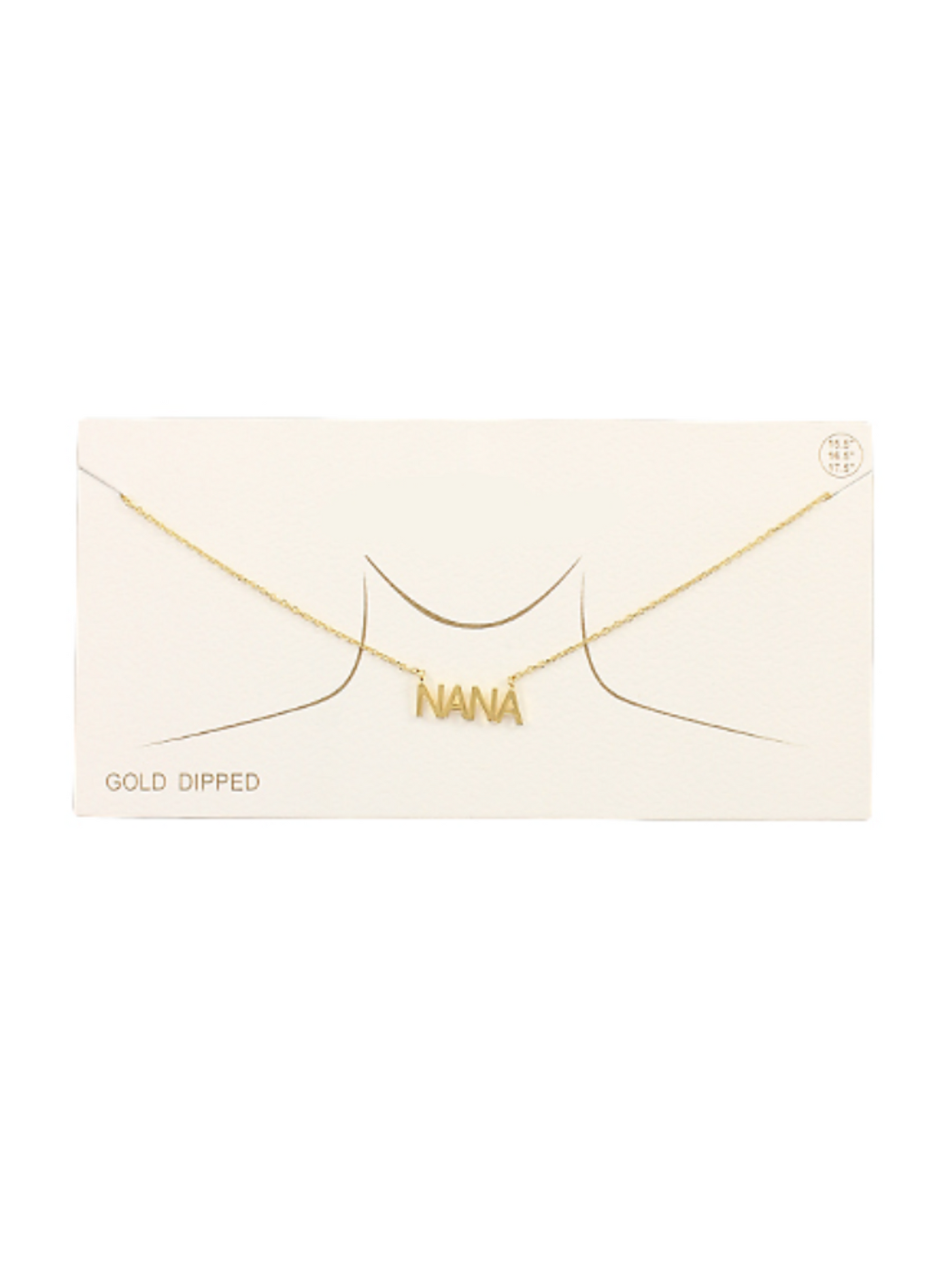 Dainty Gold "Nana" Necklace in brushed gold on necklace card on white background.
