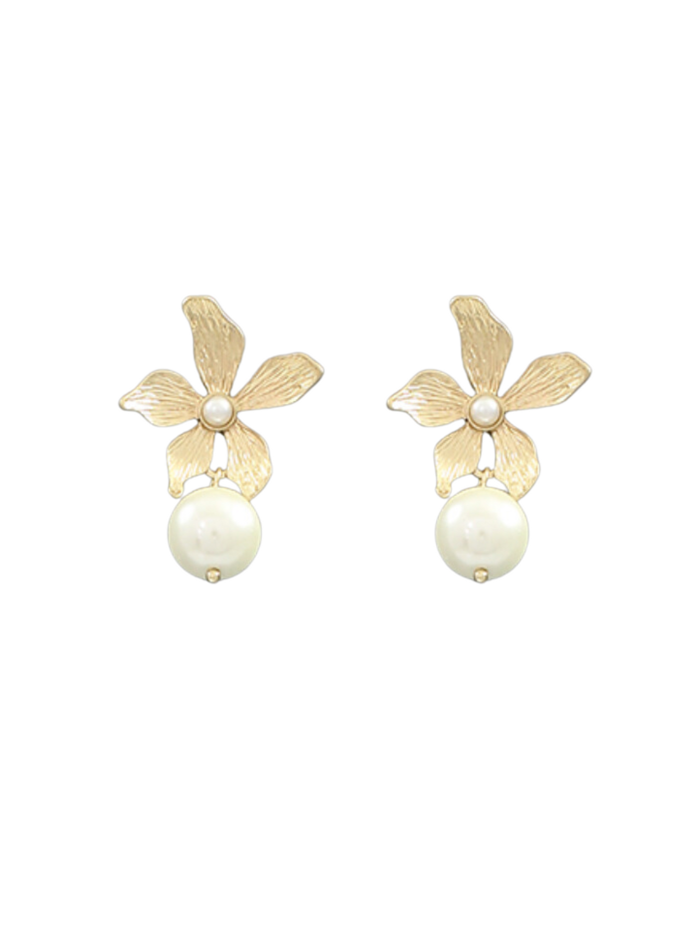 Flower and Pearl Drop Earrings on white background.