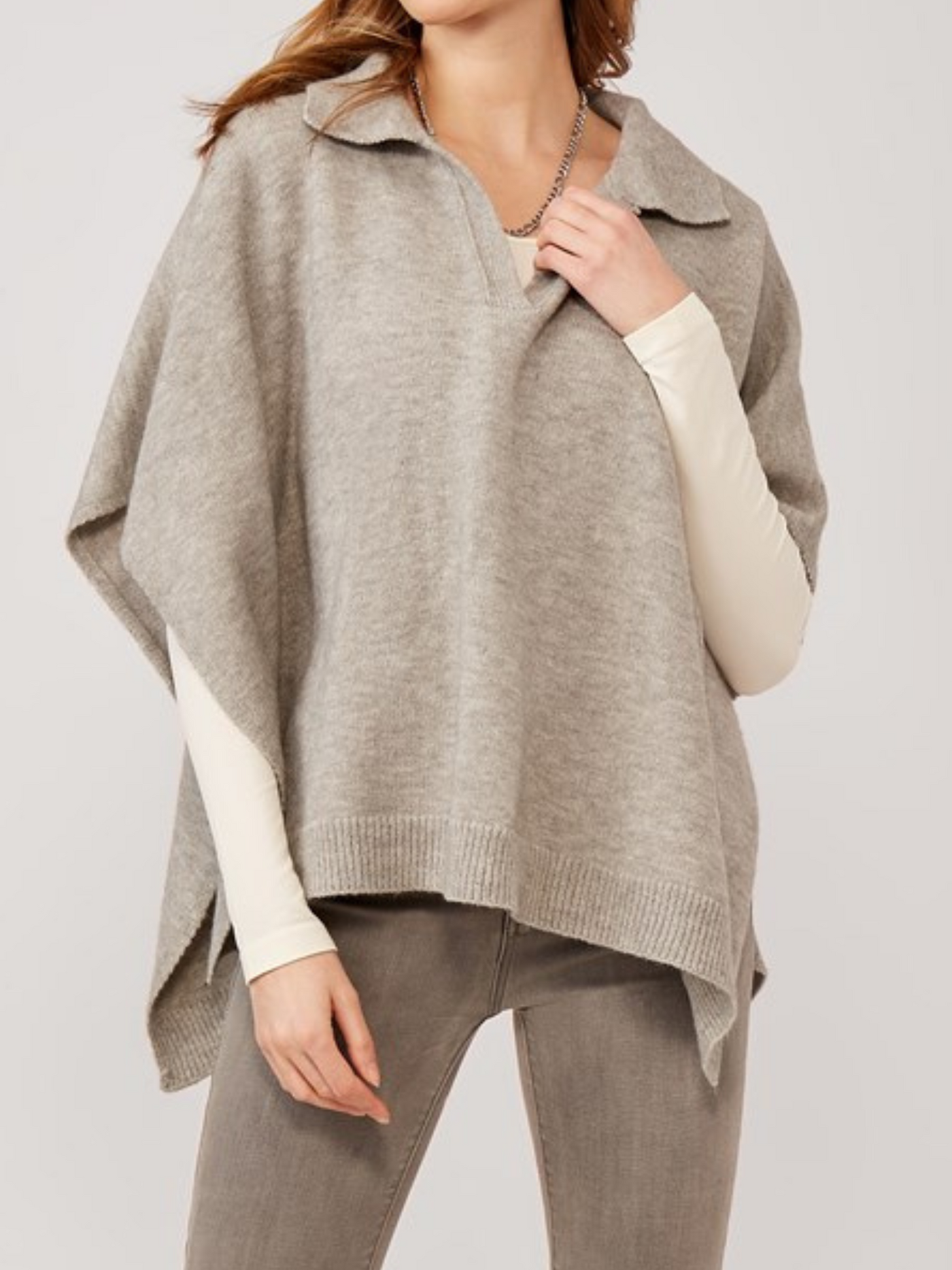 Shirt Collar Knit Poncho Blue grey front view.