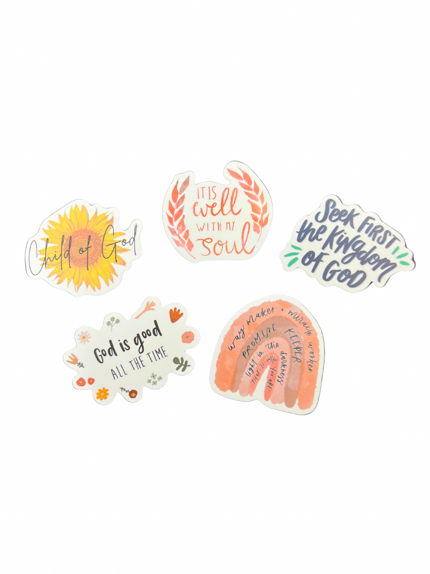 Set of 5 Christian Stickers in vibrant in white background.