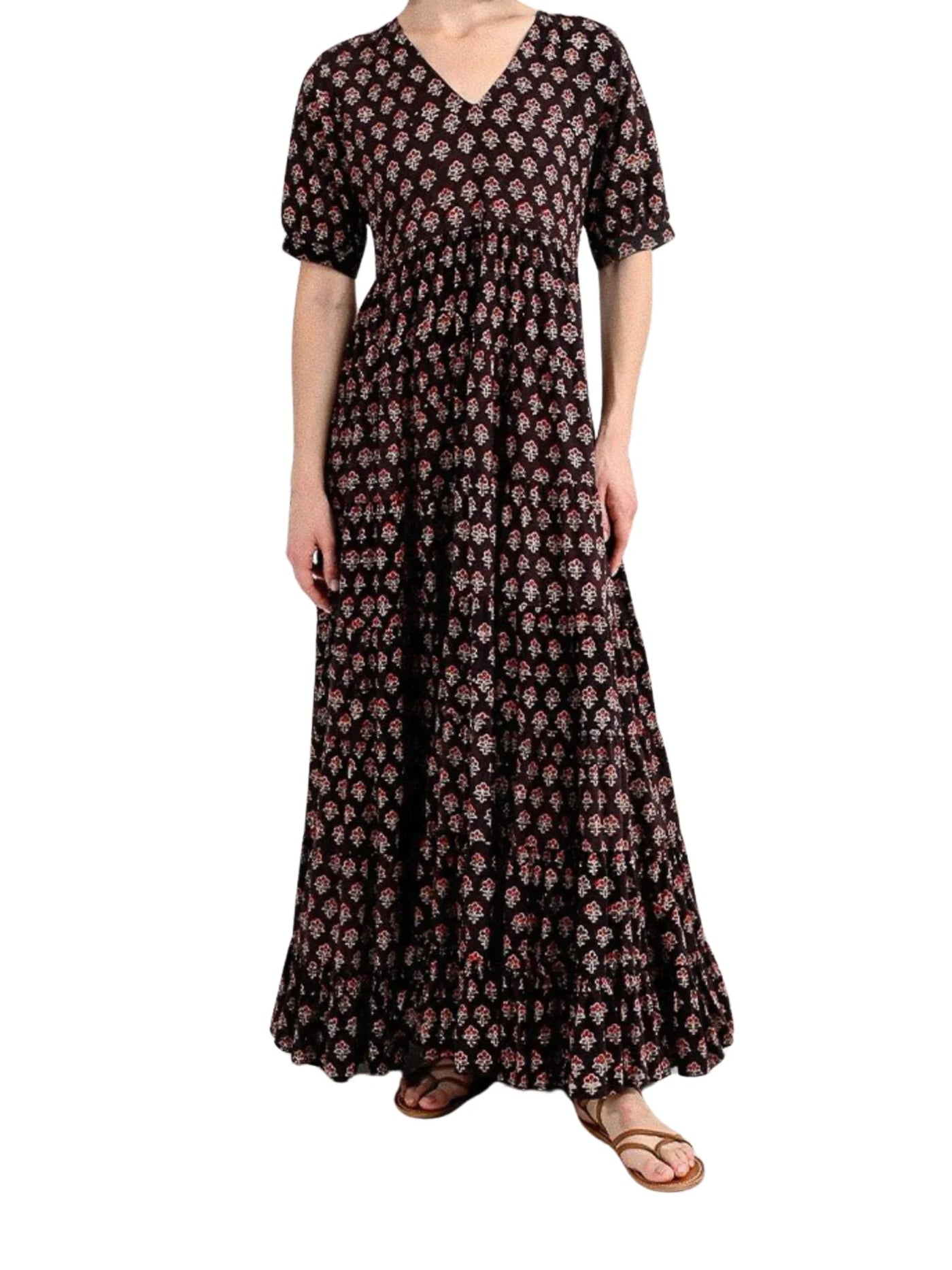 Model wearing brown floral printed maxi dress on white background, front.
