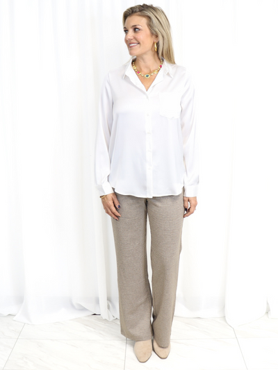 Ivory Satin Button Down Top front view untucked.