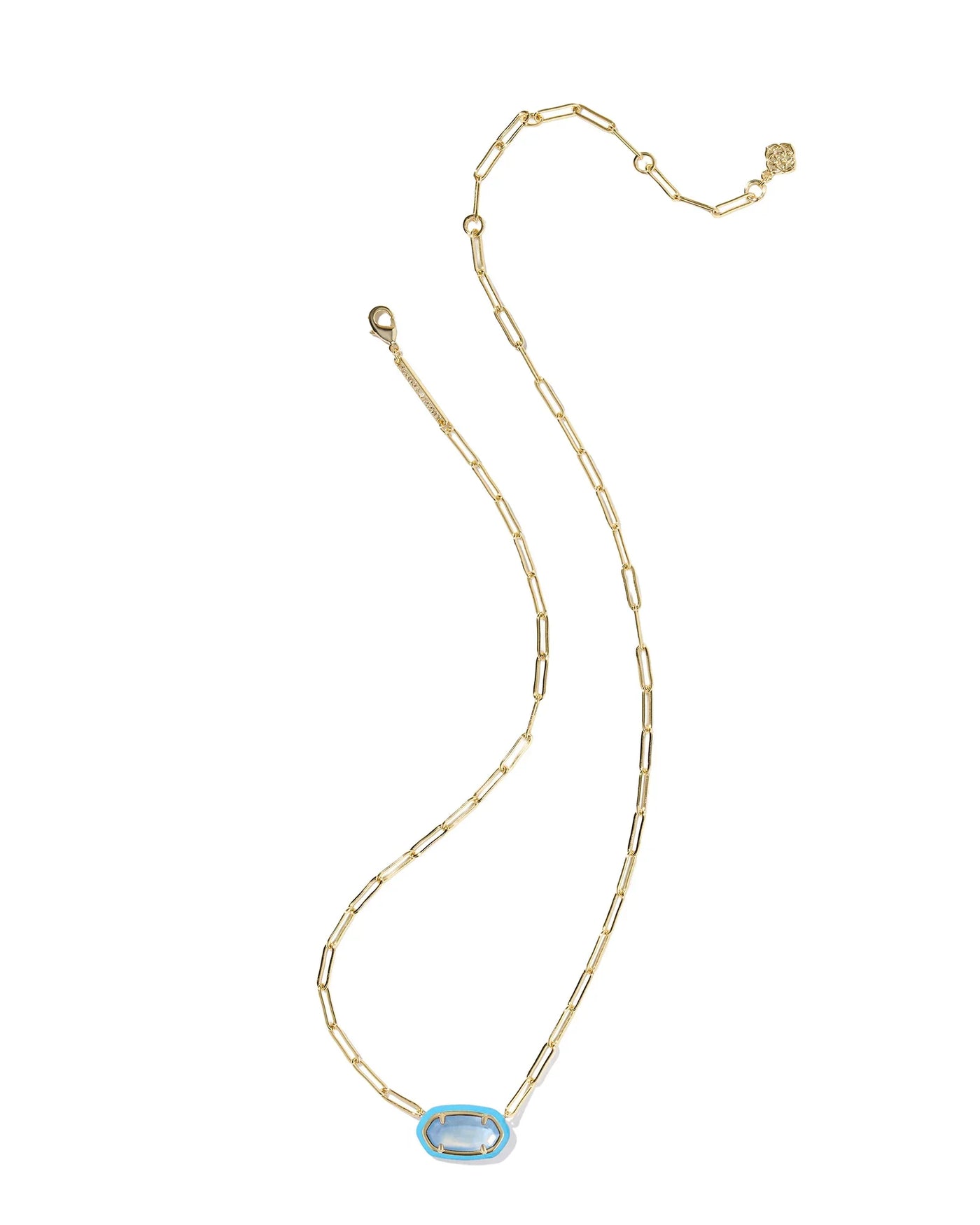Gold necklace with a blue pendant on a white background.
