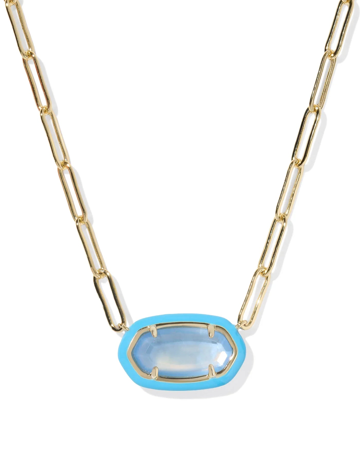 Necklace with a blue pendant on a white background, closeup.
