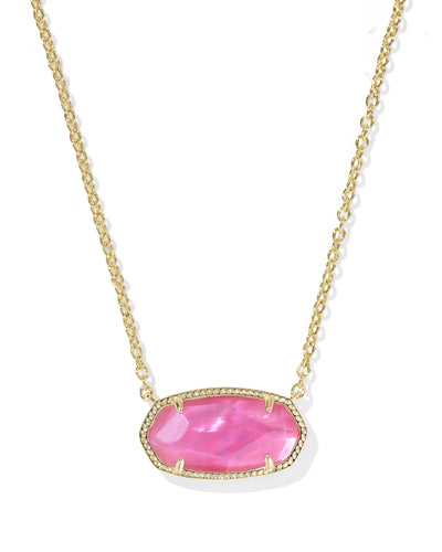 Gold necklace with a pink pendant on a white background, closeup.