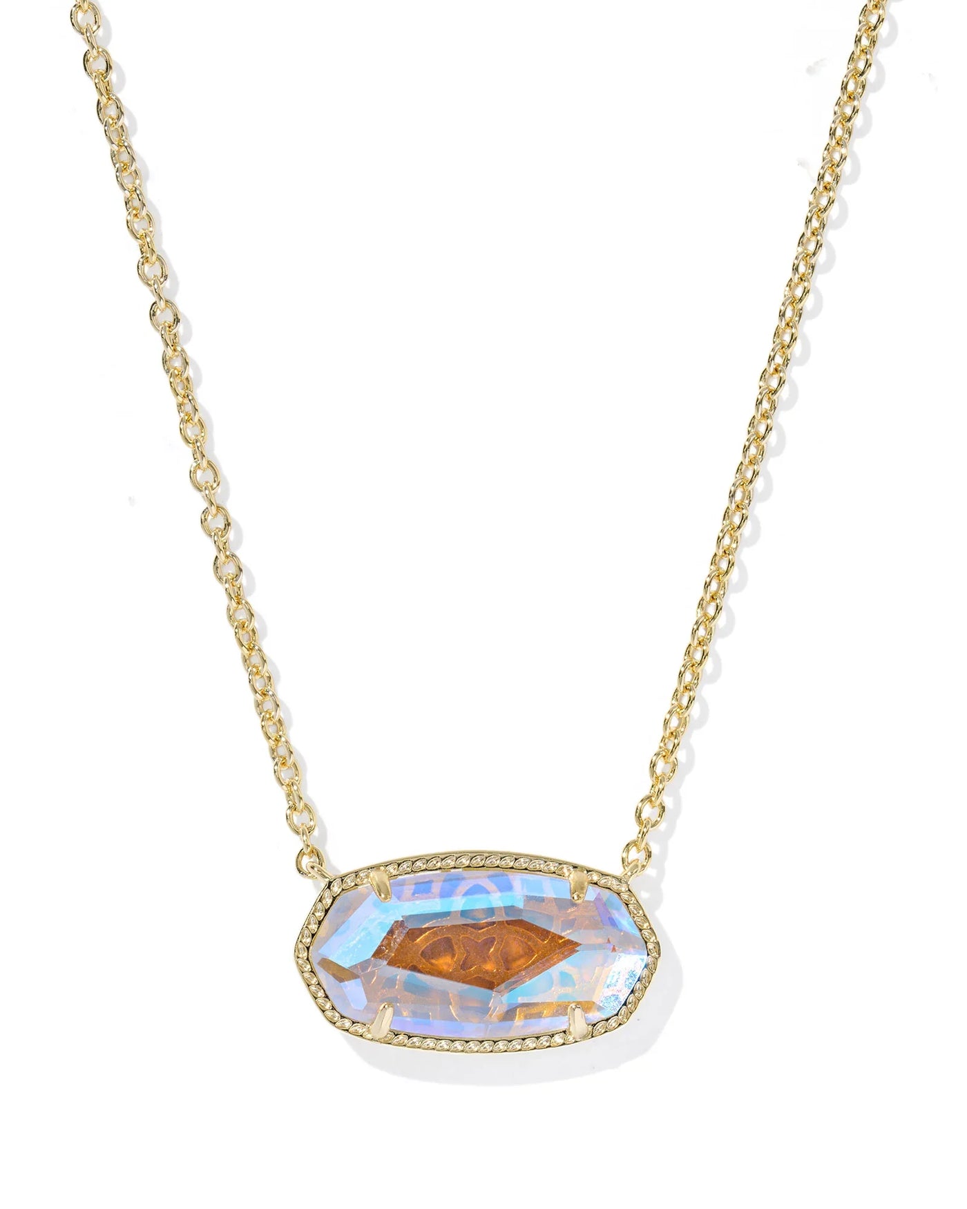 Gold necklace with large dichroic glass pendant on white background, closeup.