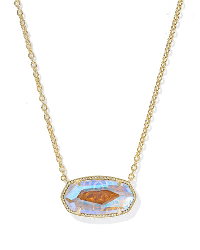 Gold necklace with large dichroic glass pendant on white background, closeup.