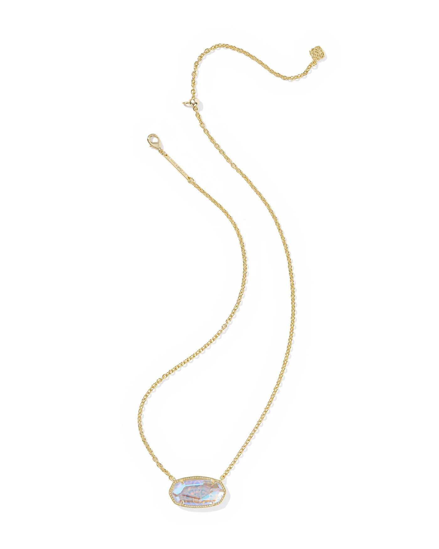 Gold necklace with a large dichroic glass pendant on a white background.