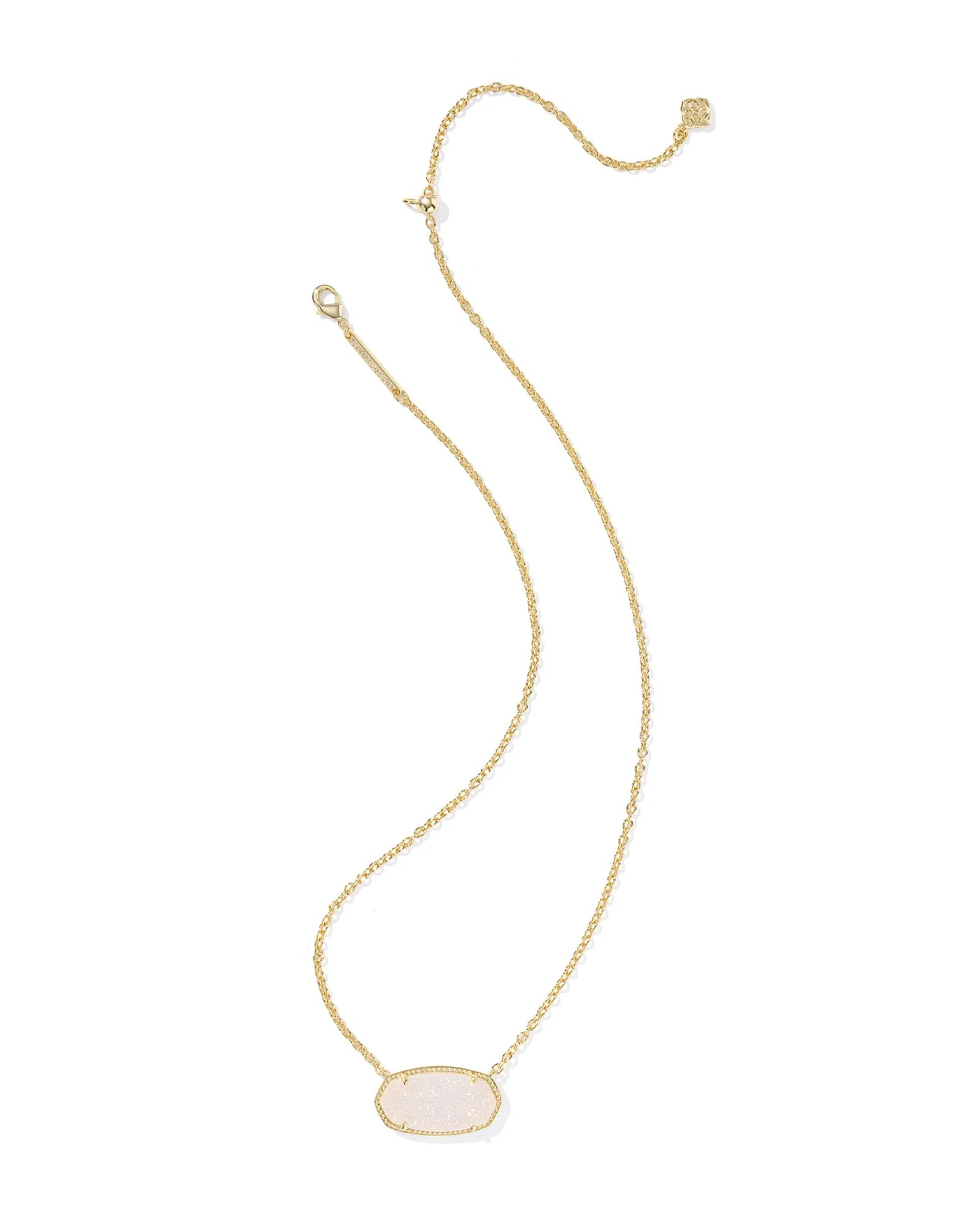 Gold necklace with a large iridescent drusy pendant on a white background.